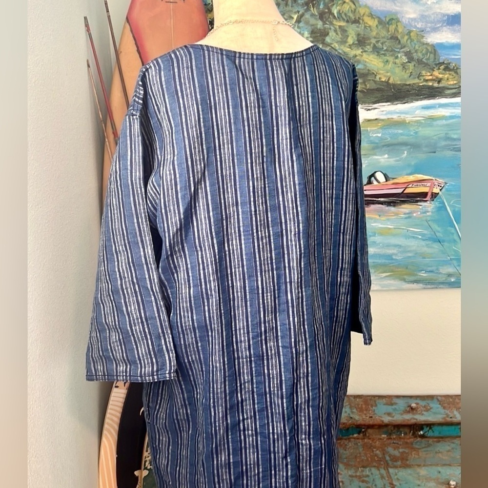 Tory Burch, Navy White Striped Cotton Kaftan Dress Resort Tunic Boho EUC Size L - Picture 7 of 11